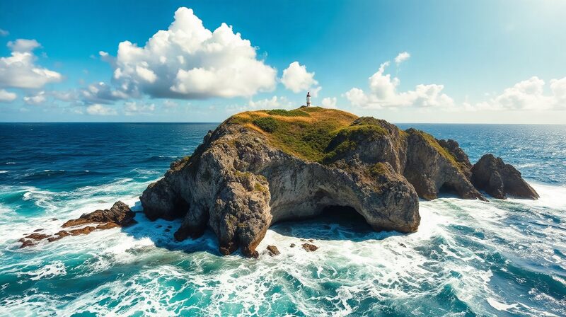 Une pointe rocheuse, ses falaises et un phare