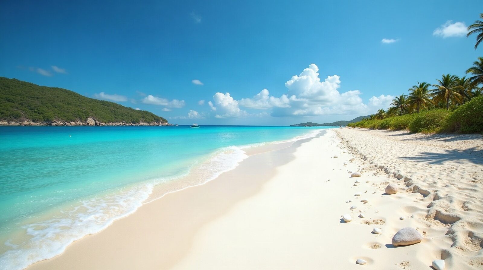 Une longue plage de sable blanc bordée de cocotiers